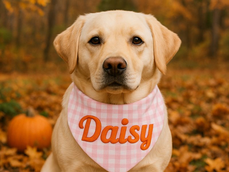 Pink and white checkered personalised dog bandana with a knot tie, customisable with embroidered name.